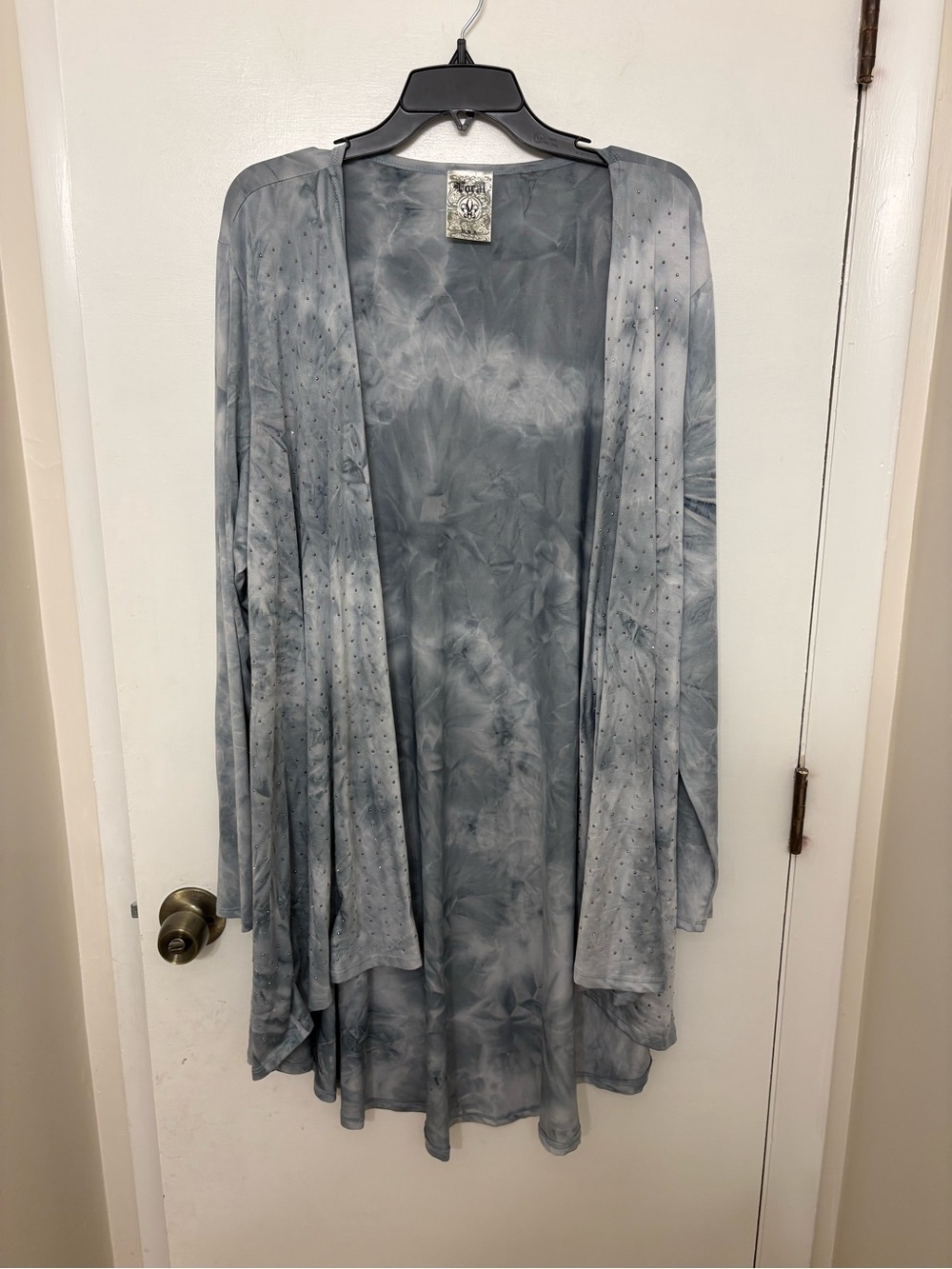 Vocal Rhinestone Tie Dye Duster Cardigan Plus Size 2XL Gray Open Front Y2K